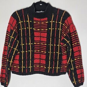 Vintage Michael Simon Chunky Knit Sweater Women Size M Plaid Hand Knit Cropped